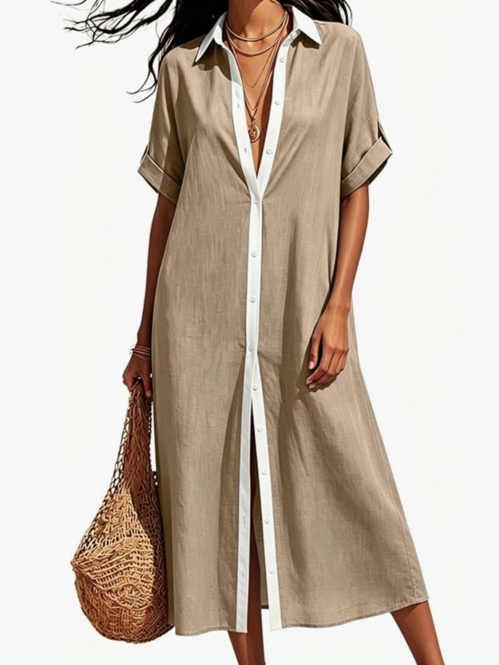 Beige Button-Down Collar Midi Dress with White Trim😎